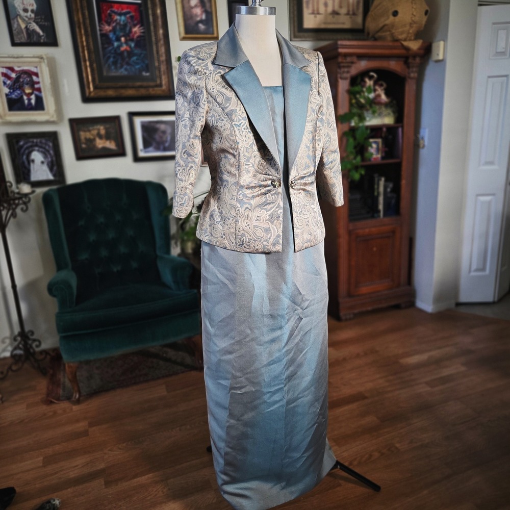 Vintage Y2K Alex Evenings Brocade Dress Suit Set Blue Formal Mother Wedding - Picture 3 of 8